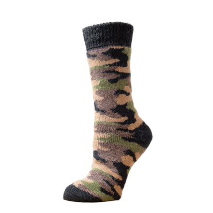 A camouflage patterned alpaca wool sock displayed on a stand, with the toe visible and the heel turned away from the camera.