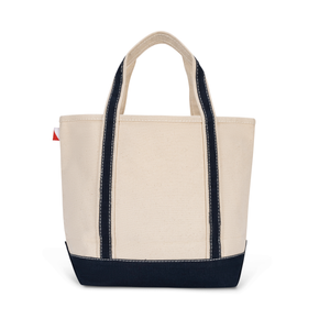 Of white tote bag with navy accents on a white background