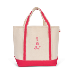 Off white tote bag with pink accents and a 'fluff' logo on a white background