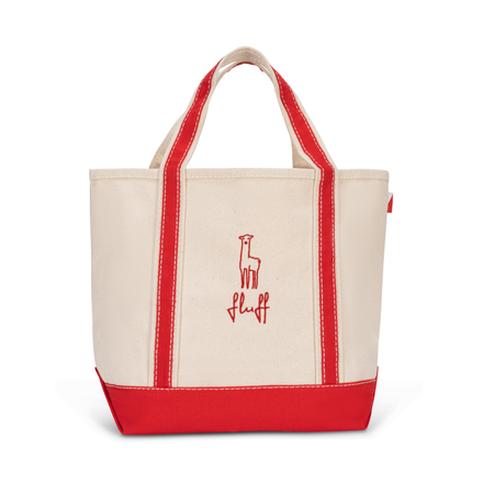 Off white tote bag with red accents and 'fluff' logo on a white background