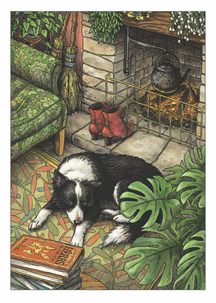 Card with a dog lying on a rug next to a fireplace with boots and plants in the background
