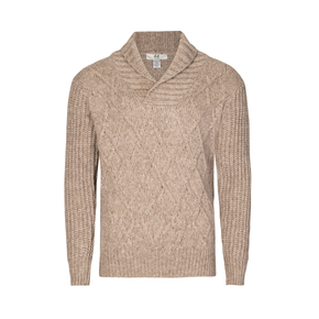 Beige cable knit sweater on a white background