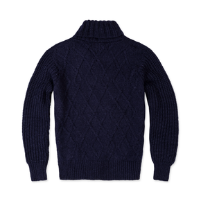 Navy blue cable knit sweater on a white background