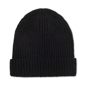 Black knit beanie on a white background