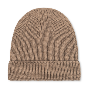 Light brown knit beanie on a white background