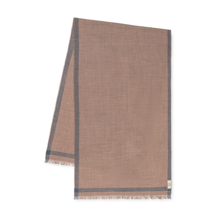 Beige woven shawl with gray border on a white background