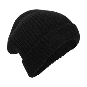 Black knit beanie on a white background