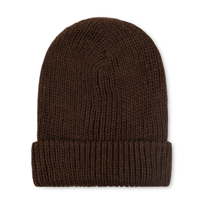 Brown knit beanie on a white background